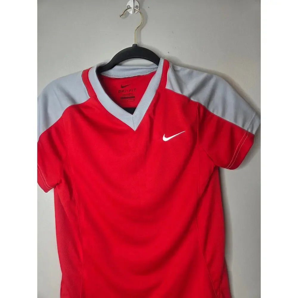 Nike Dri-FIT Women’s Small Red Gray V-Neck Short Sleeve Soccer Shirt